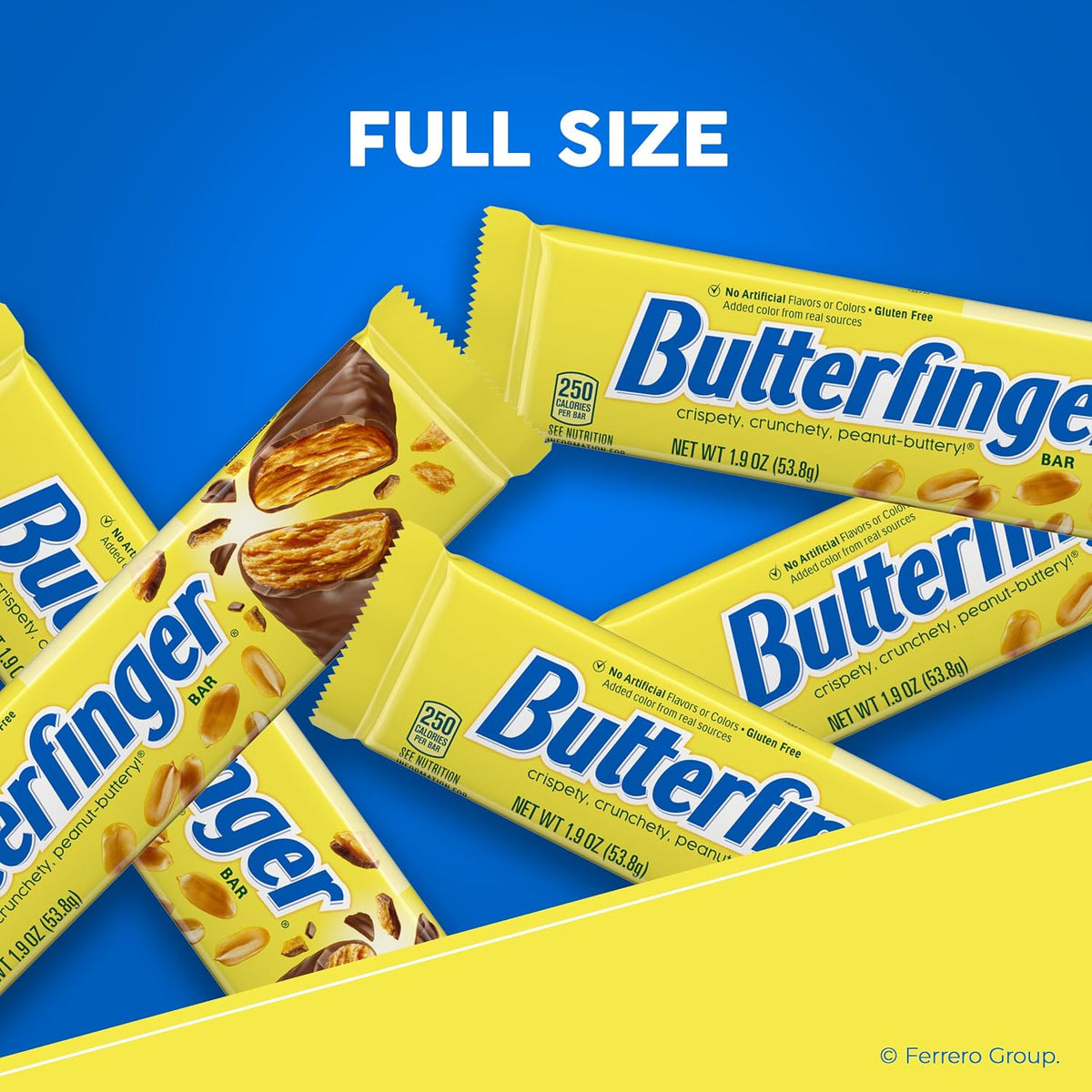 American Butterfinger crispy peanut butter snack bar nutritional facts on yellow wrapper