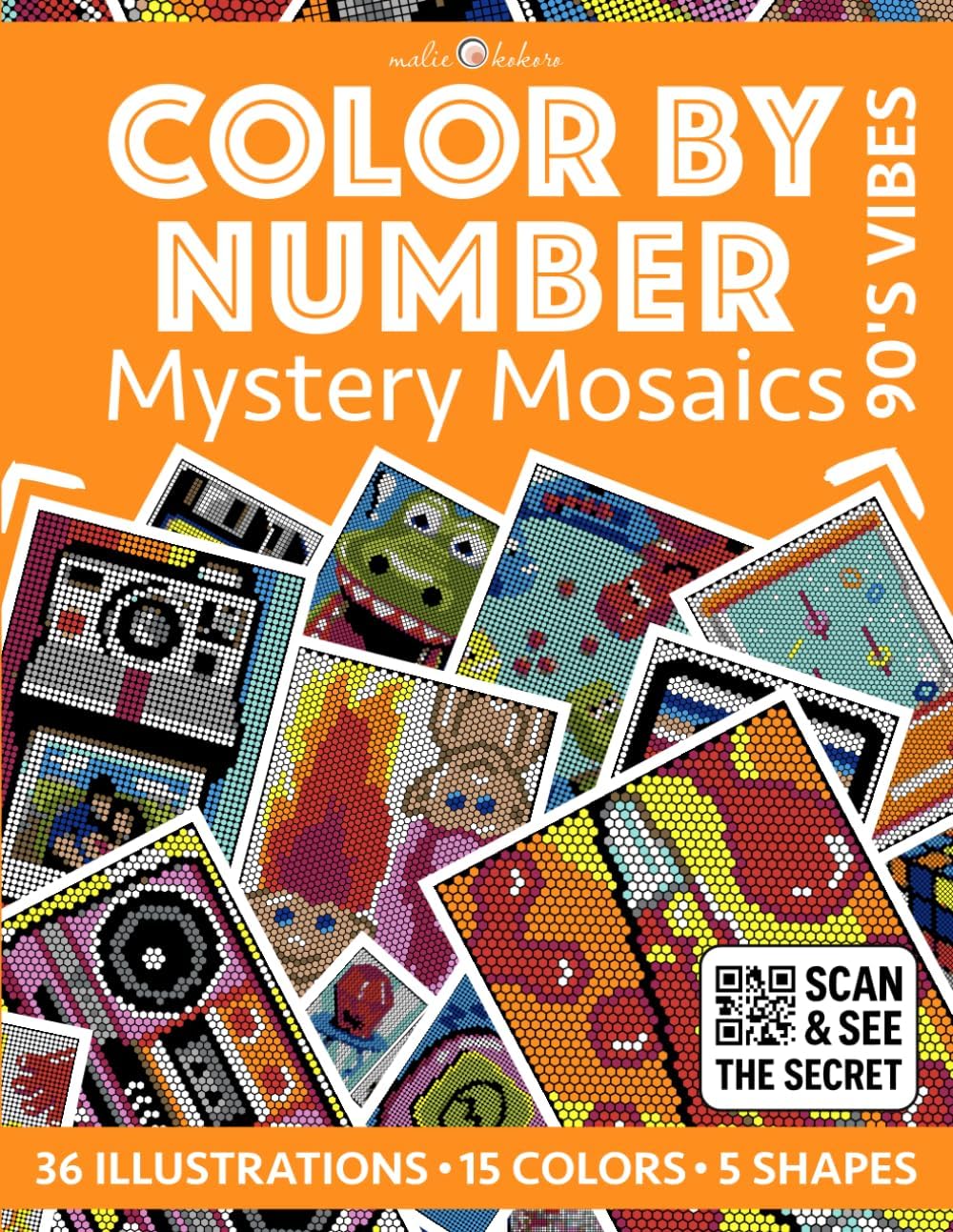 Color by Number: 90's Vibes | Mystery Mosaics Coloring Book | 36 Illustrations to Reveal - 5 Mosaic Shapes: Bold and Easy | Stress Relief and Relaxation | 90s Nostalgia (Color by Number | Pixelart) - Image 1