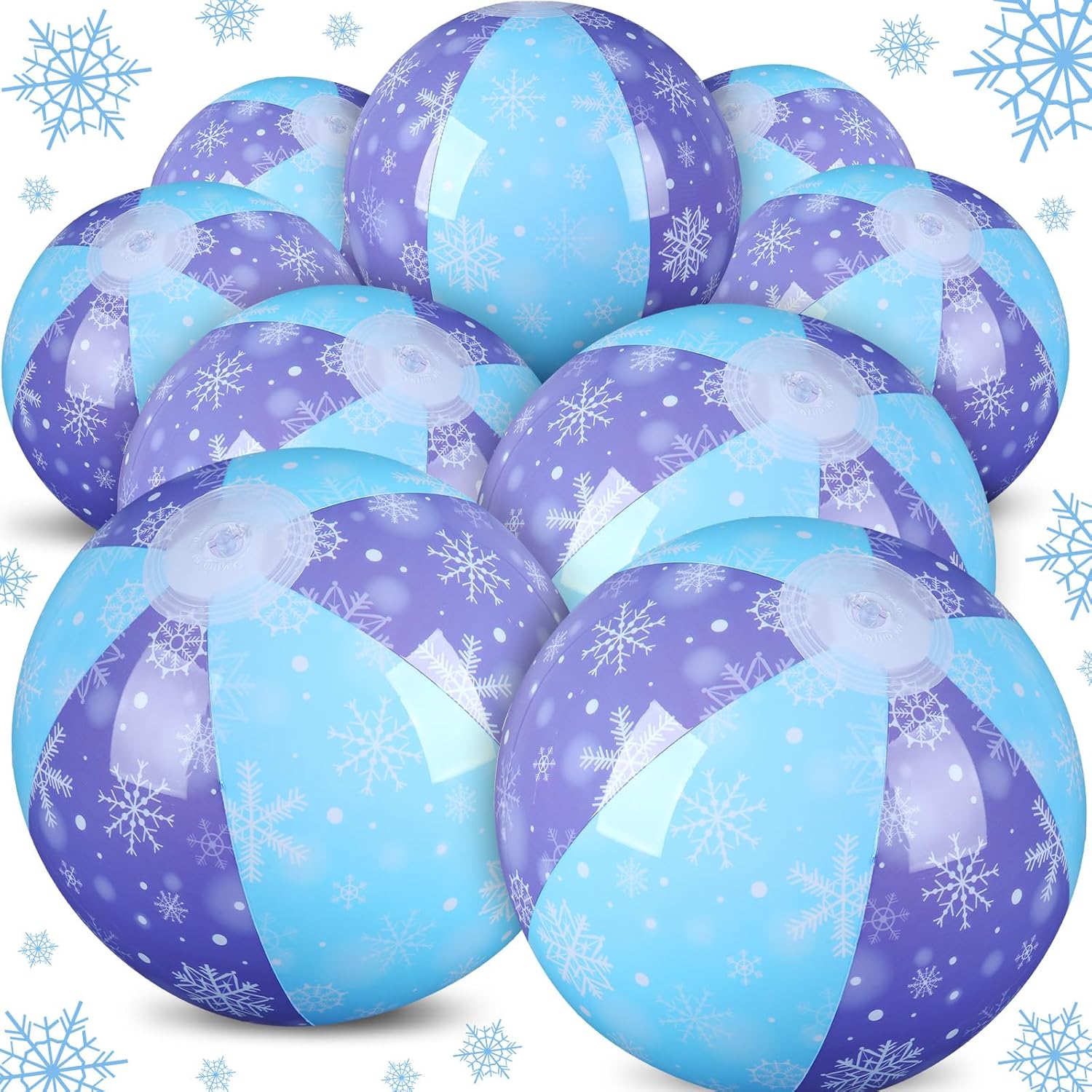 Leyndo snowflake themed beach ball pack front view displaying twelve blue and purple inflatable pool toys.
