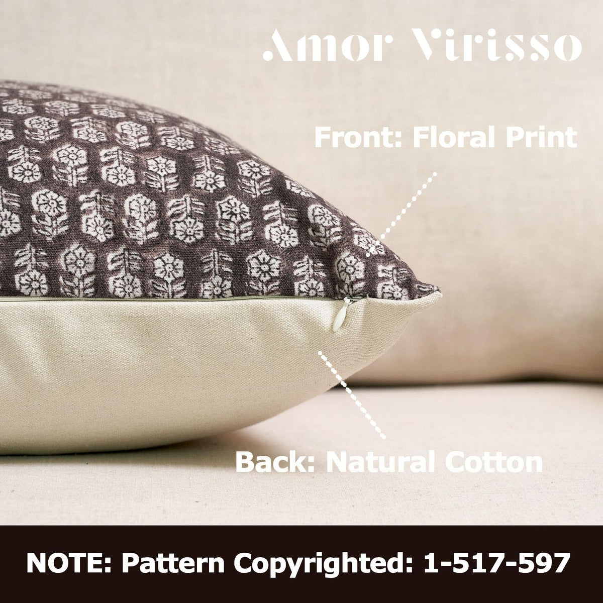 Amor Virisso 20x20 decorative pillow cover block print detail