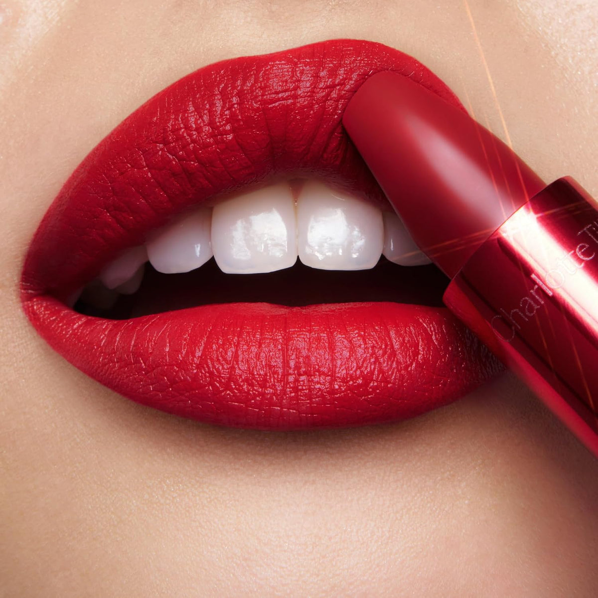 Charlotte Tilbury long lasting matte lipstick tube closed with signature brand luxury packaging.