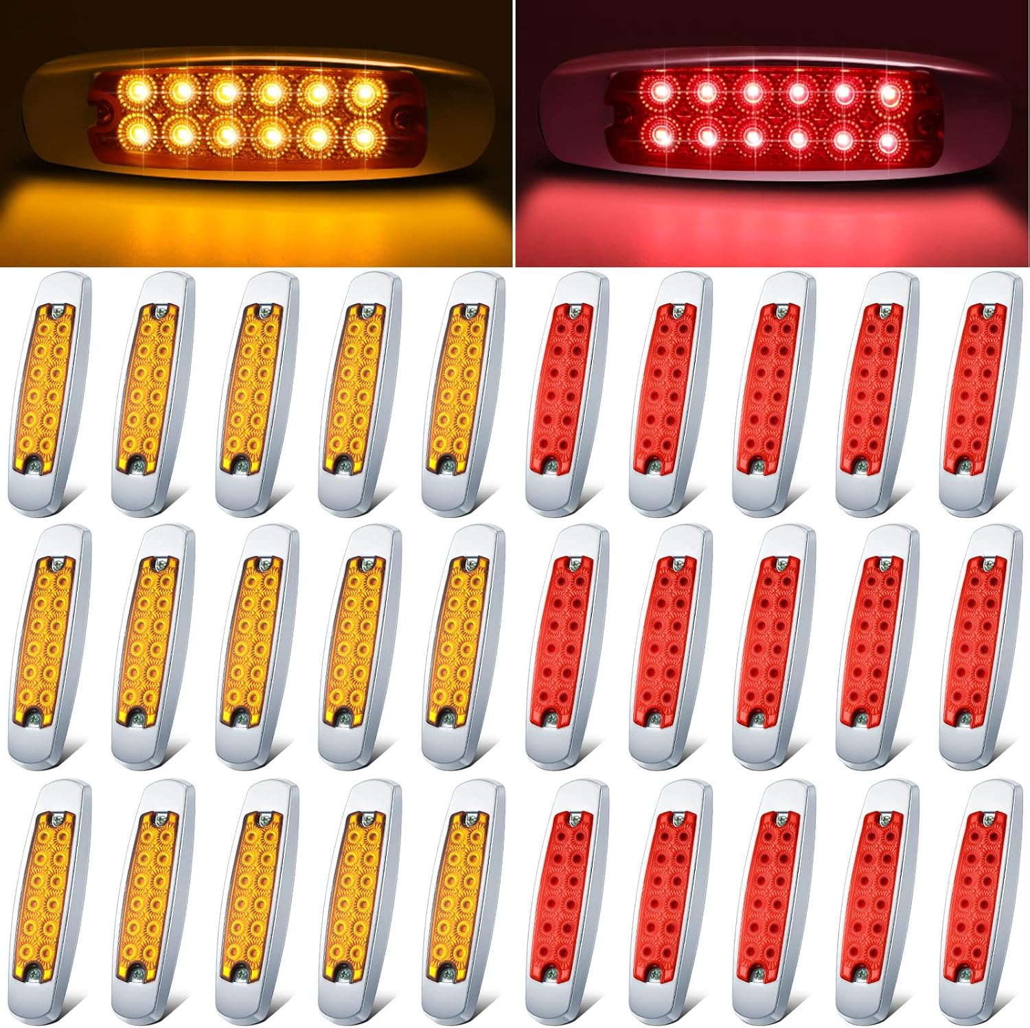Tallew thirty pack light emitting diode truck marker lights front view showcasing fifteen amber and fifteen red lamps.