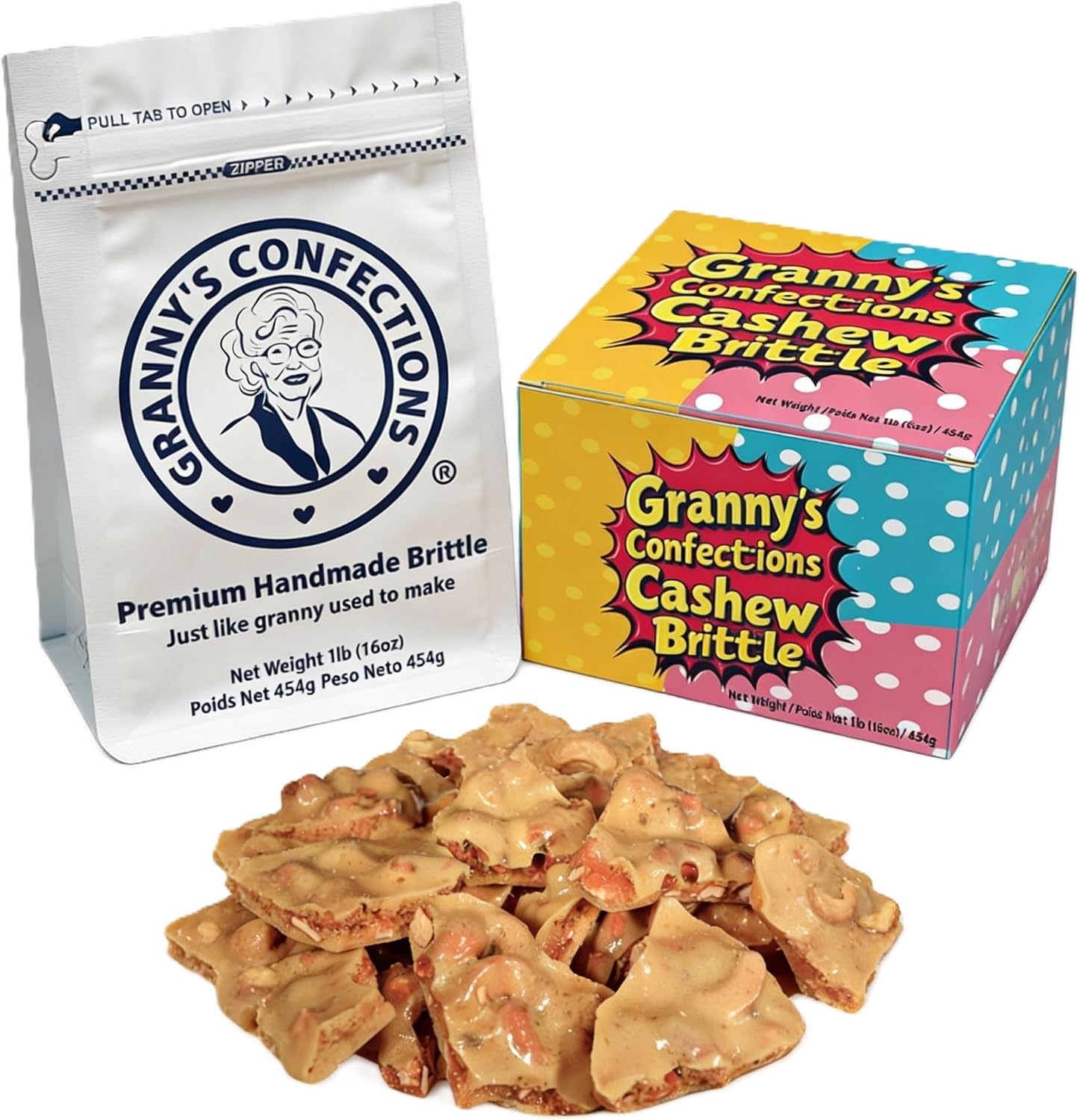 Granny's Confections Cashew Brittle sixteen ounce front view of premium gift box