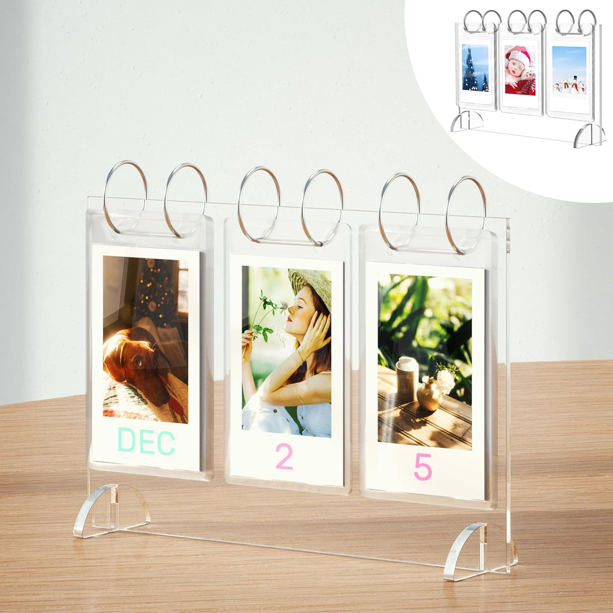 WINKINE Instax Mini Photo Album front view showing clear acrylic calendar stand on a wooden desk