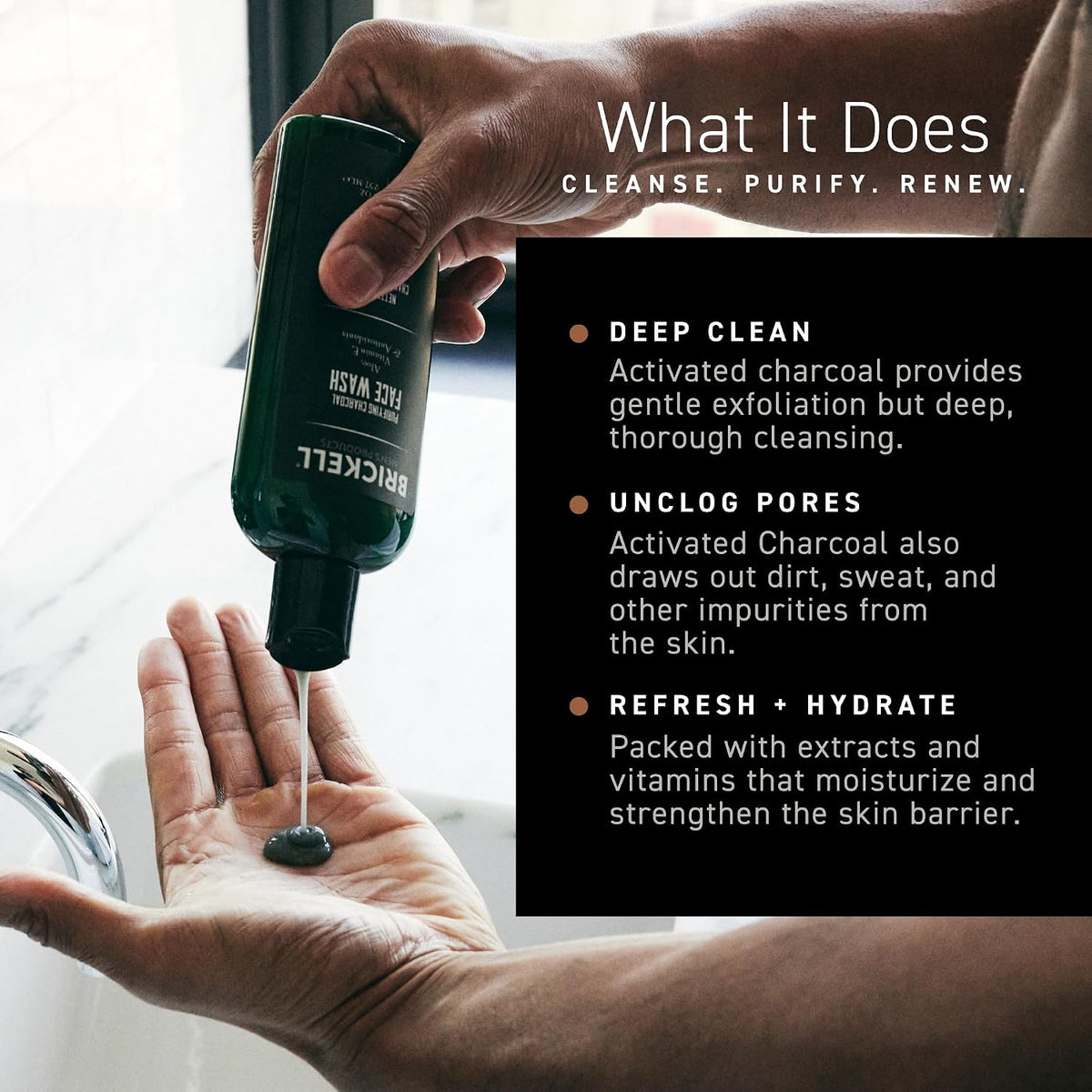 Brickell Men's Purifying Charcoal Face Wash texture on hand