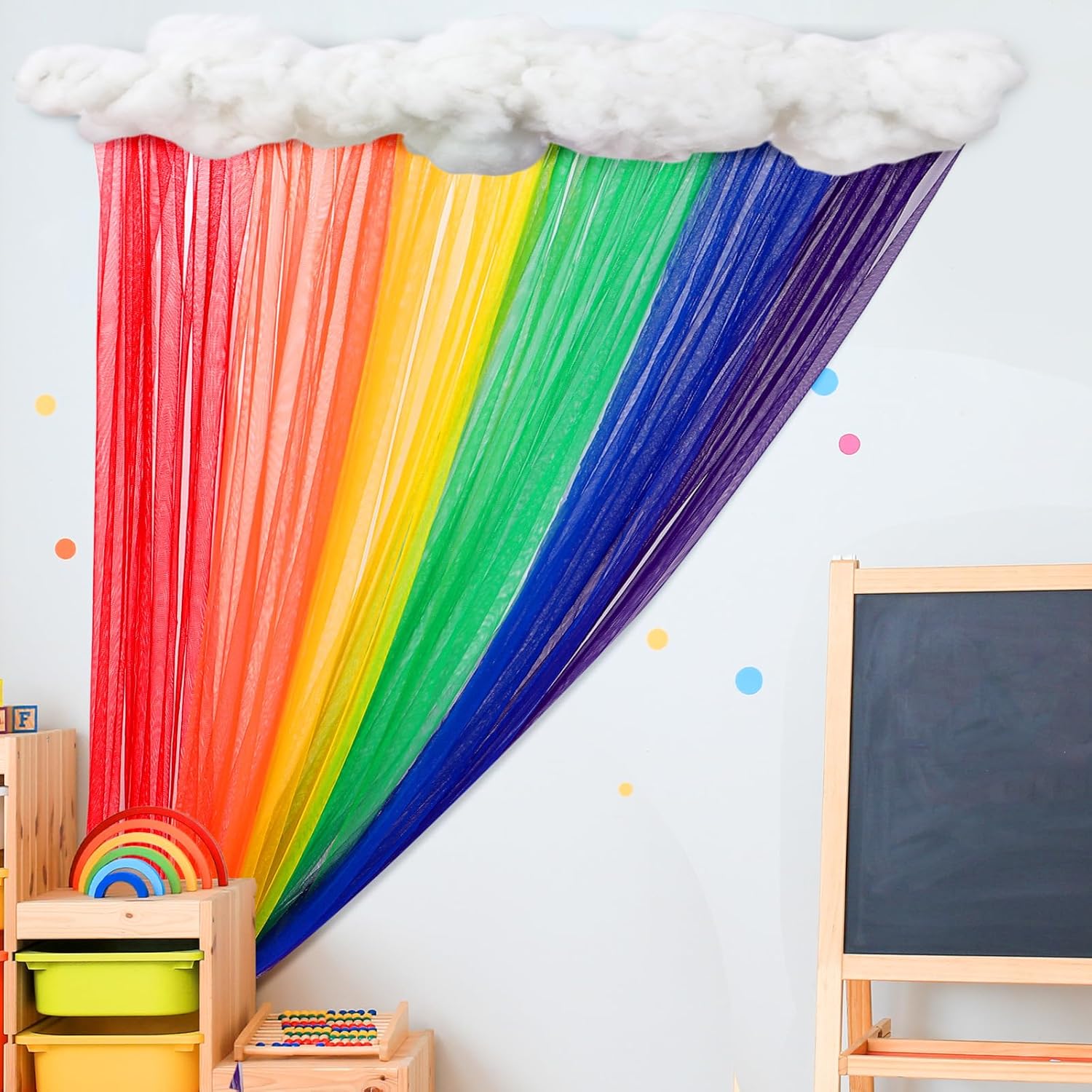 Threlaco rainbow classroom sheer curtains front view showing vibrant multi-colored tulle panels setup