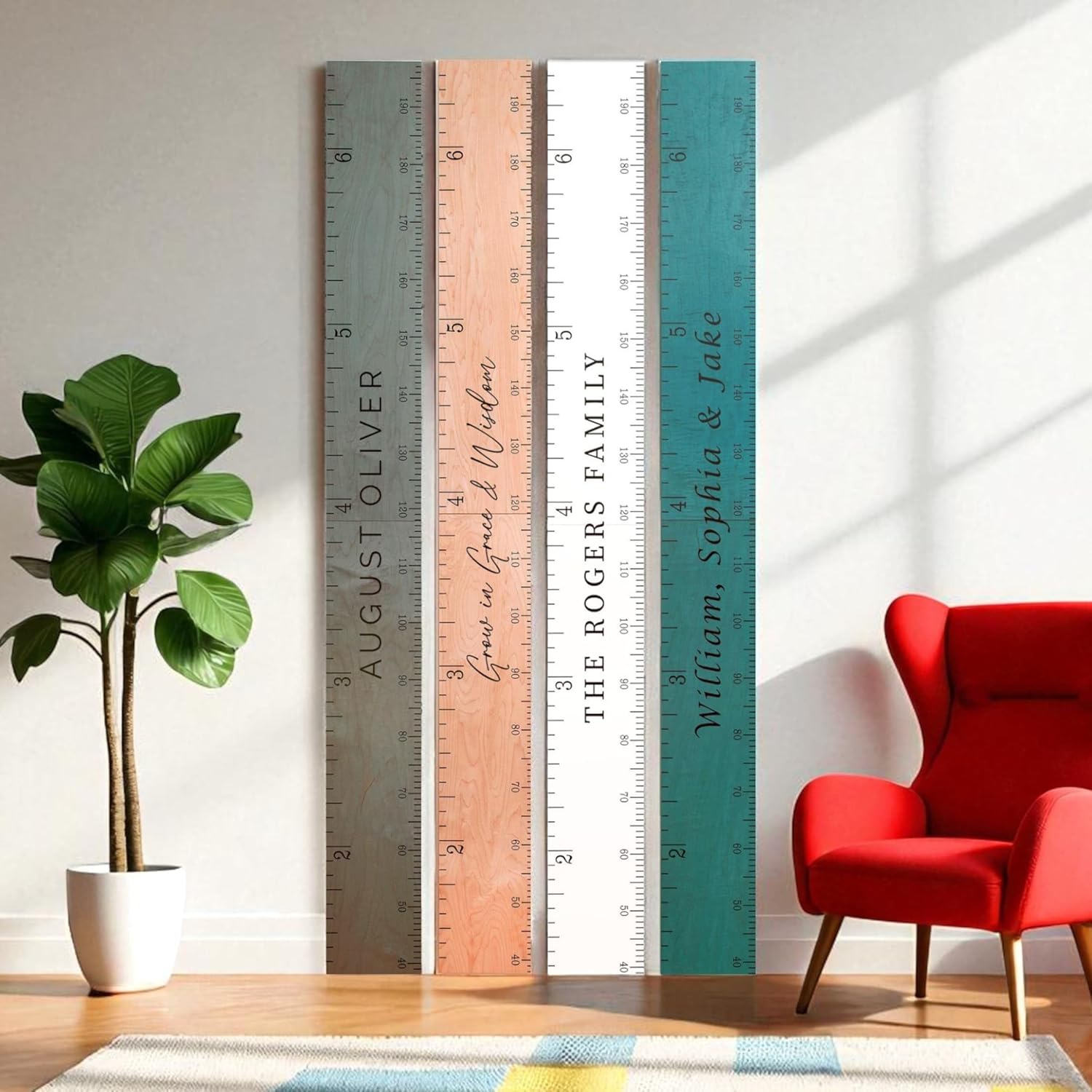 Headwaters Studio personalized wooden growth chart front view on a farmhouse nursery wall.