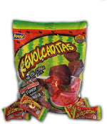 Individually wrapped Jovy Revolcaditas chili watermelon pieces scattered