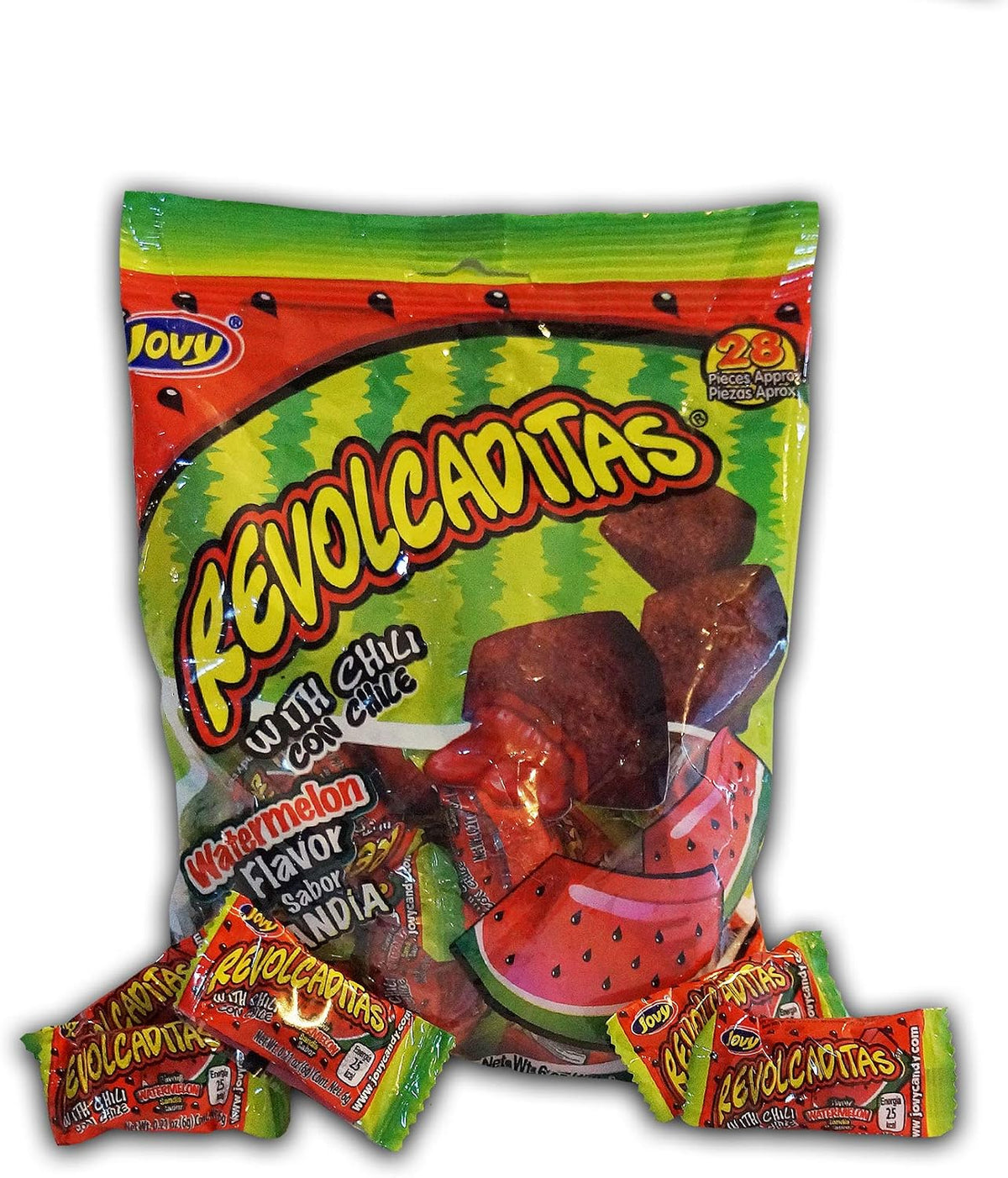 Individually wrapped Jovy Revolcaditas chili watermelon pieces scattered