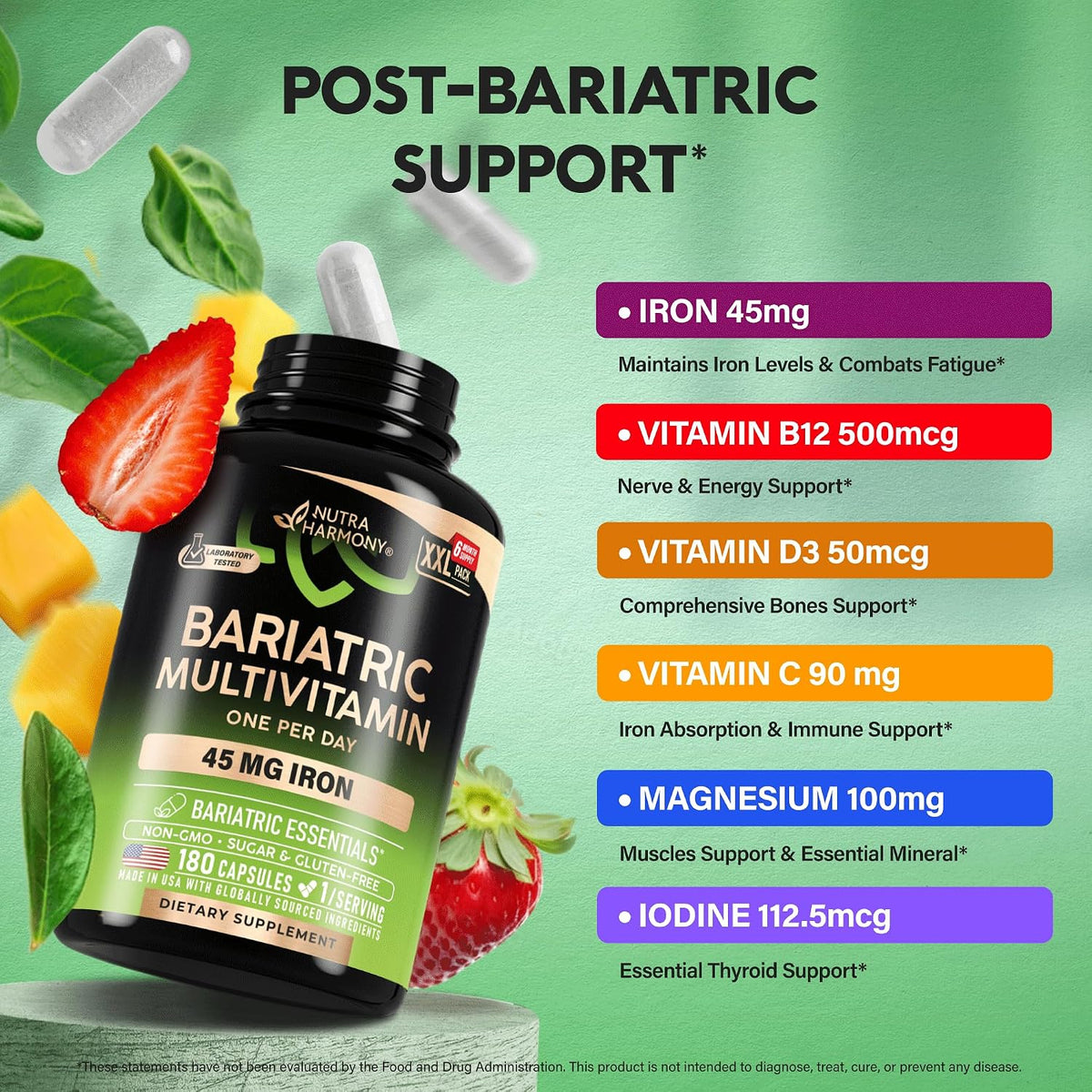 Nutraharmony Bariatric Multivitamin 180 capsules size and label highlights