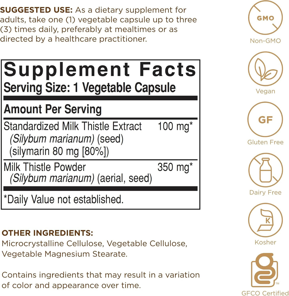 Solgar Milk Thistle capsule supplement bottle label details