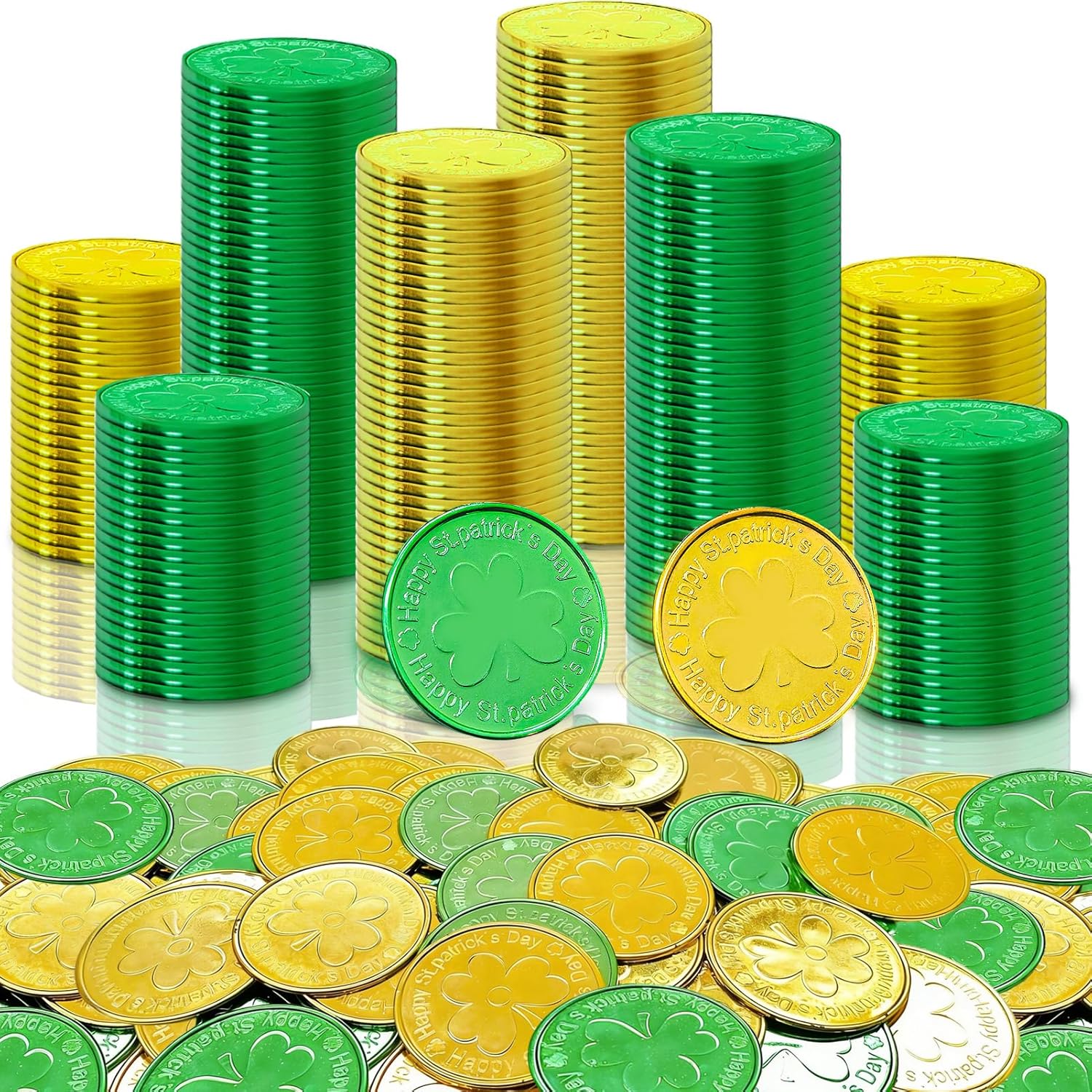 Catephe St Patricks Day gold and green coins front view party scatter