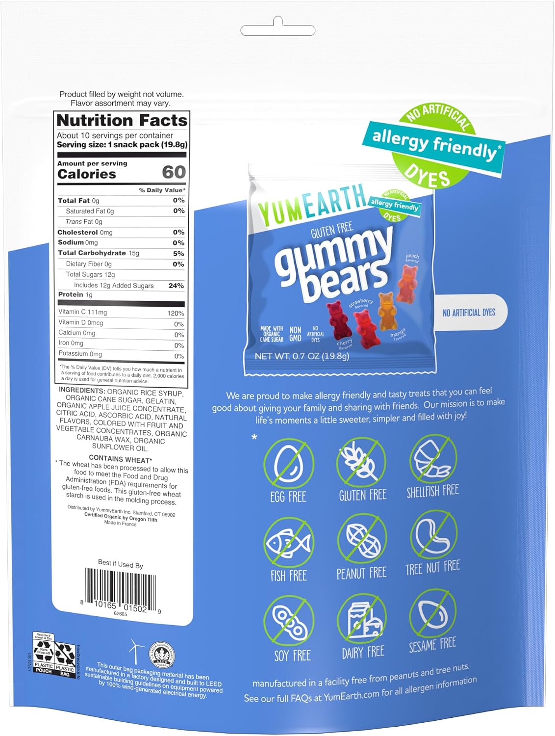 YumEarth allergy friendly gluten free fruit snacks individual pouches laid out on a clean surface.