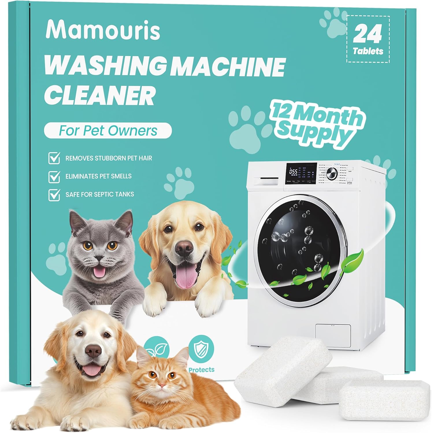 Mamouris washing machine cleaner tablets front view showing 24 pack box