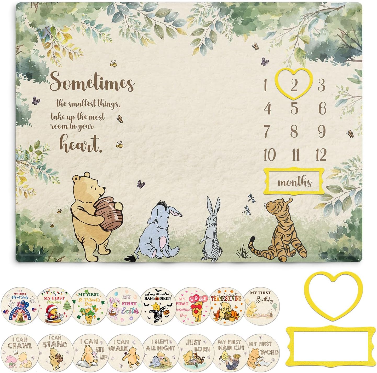 Guawubiang Winnie the Pooh baby milestone blanket front view laid flat with felt frames and milestone cardstock cards