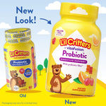 Side view of L'il Critters probiotic bottle detailing 1 Billion CFUs and prebiotic fiber