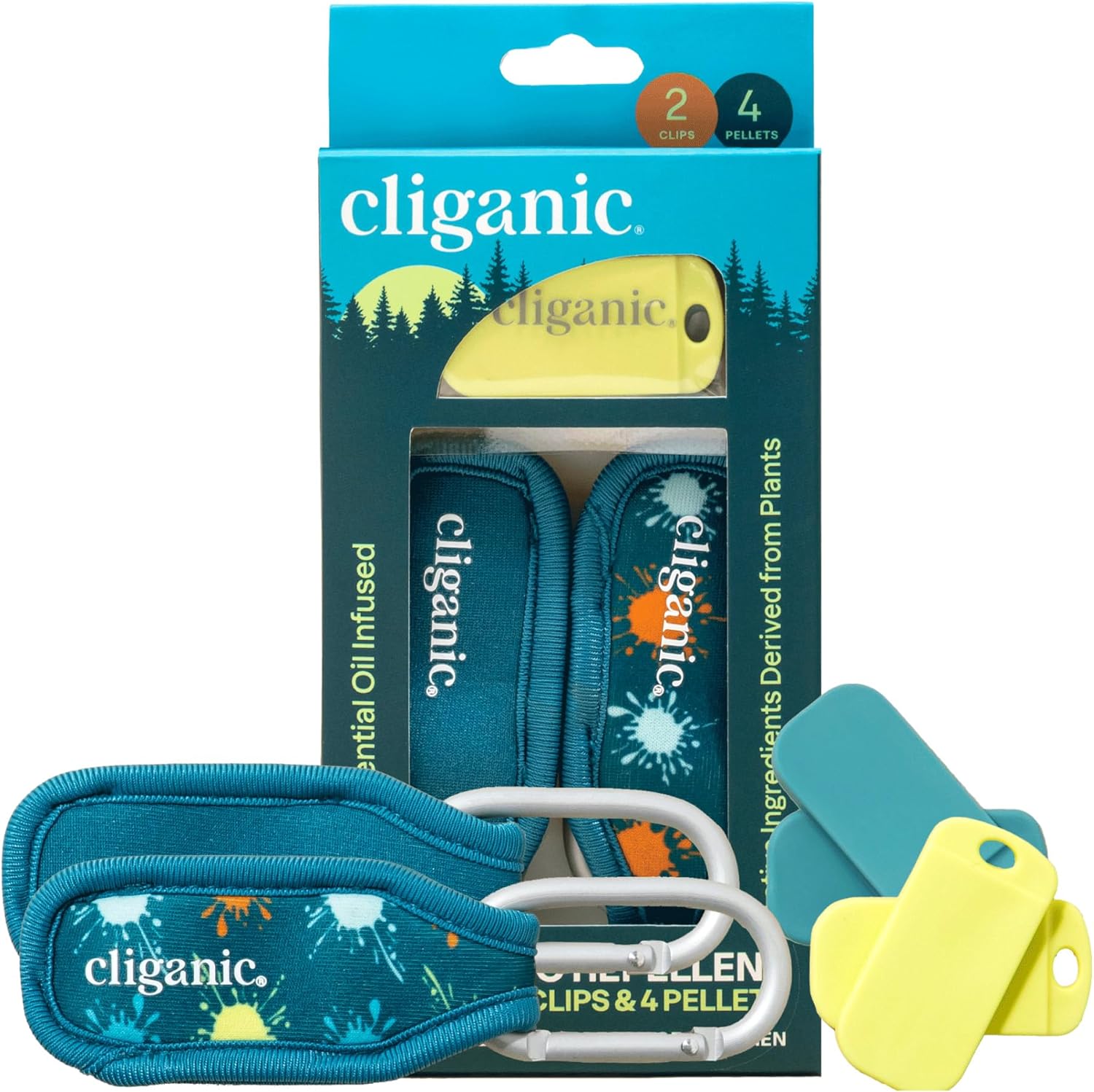 Cliganic Mosquito Repellent Pack containing two clips and four refill pellets front view