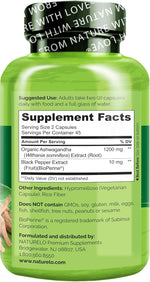 Nutritional facts panel detailing ashwagandha and bioperine dosage