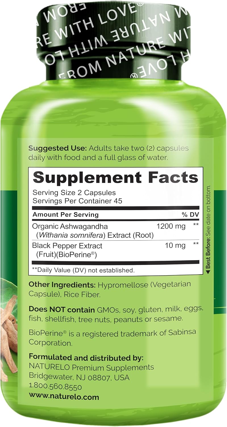 Nutritional facts panel detailing ashwagandha and bioperine dosage
