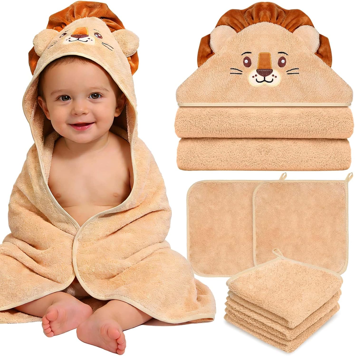 Flasoo brown lion hooded baby bath towel set