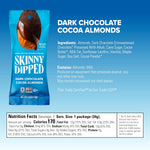 SkinnyDipped low sugar chocolate covered almonds packaging display highlighting plant protein benefits