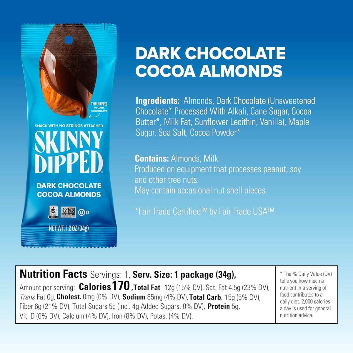 SkinnyDipped low sugar chocolate covered almonds packaging display highlighting plant protein benefits
