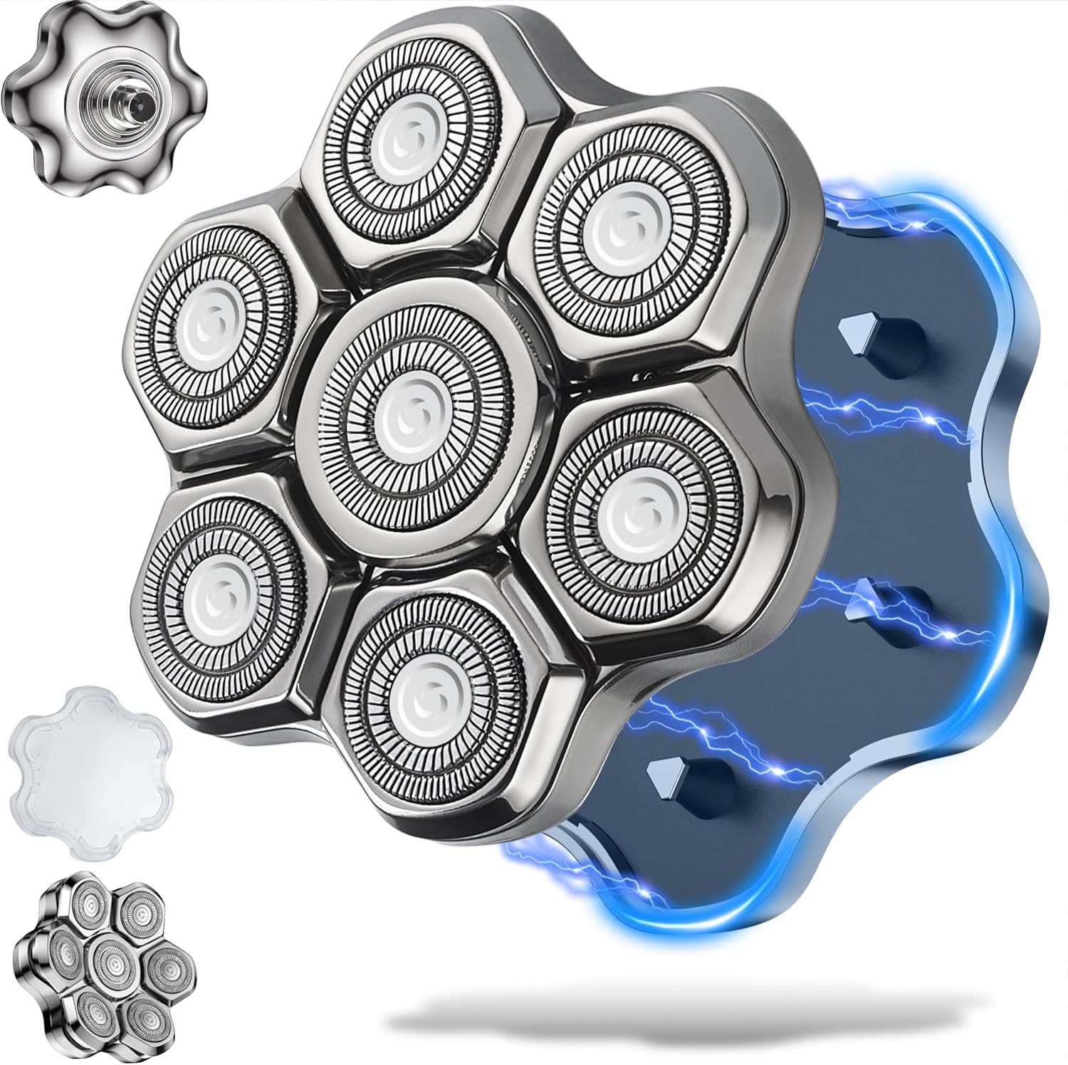 UPTARD magnetic head shaver replacement heads front view showing seven silver rotary blades.