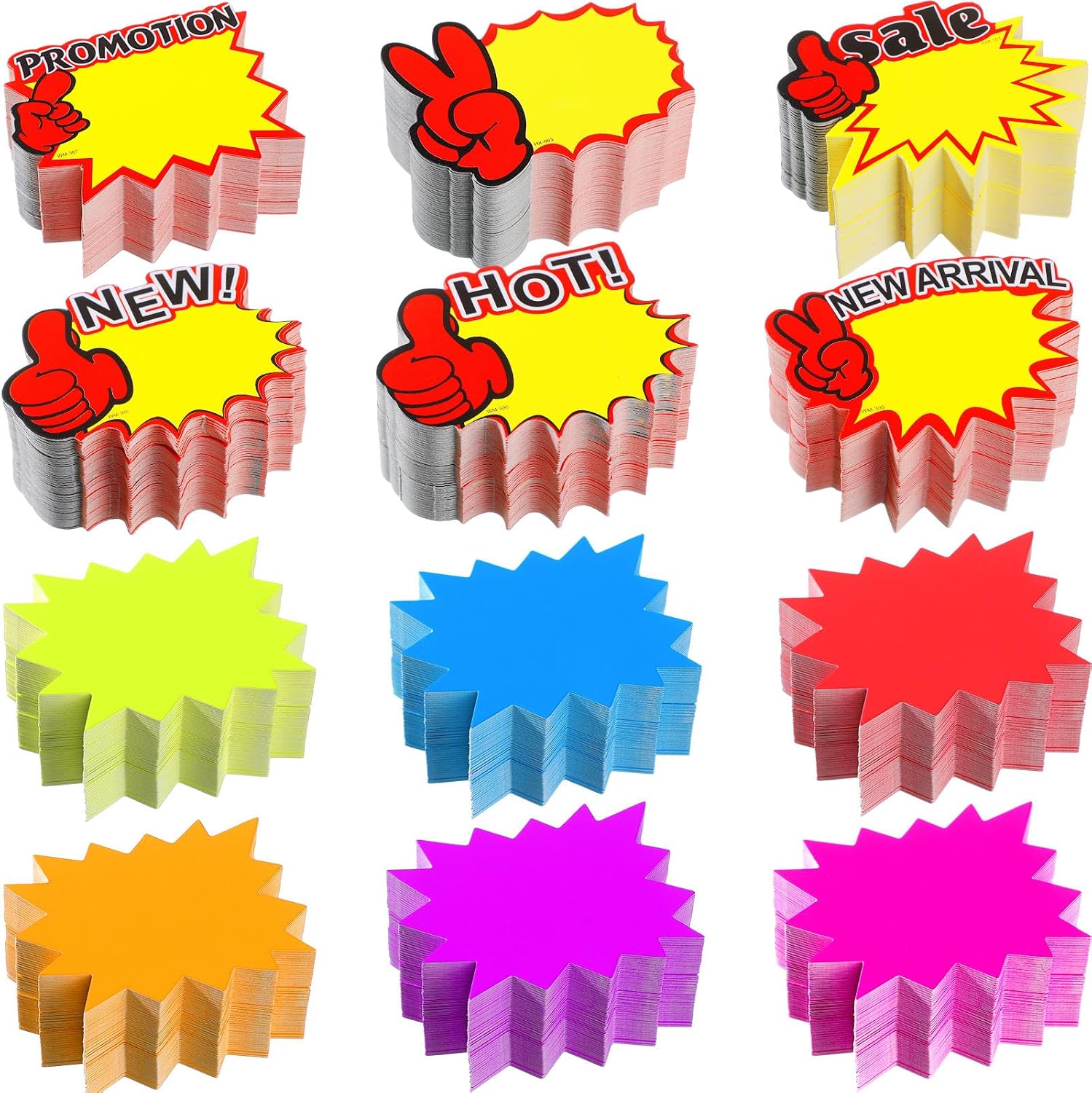 Colarr starburst signs front view showing assorted fluorescent colors and retail labels