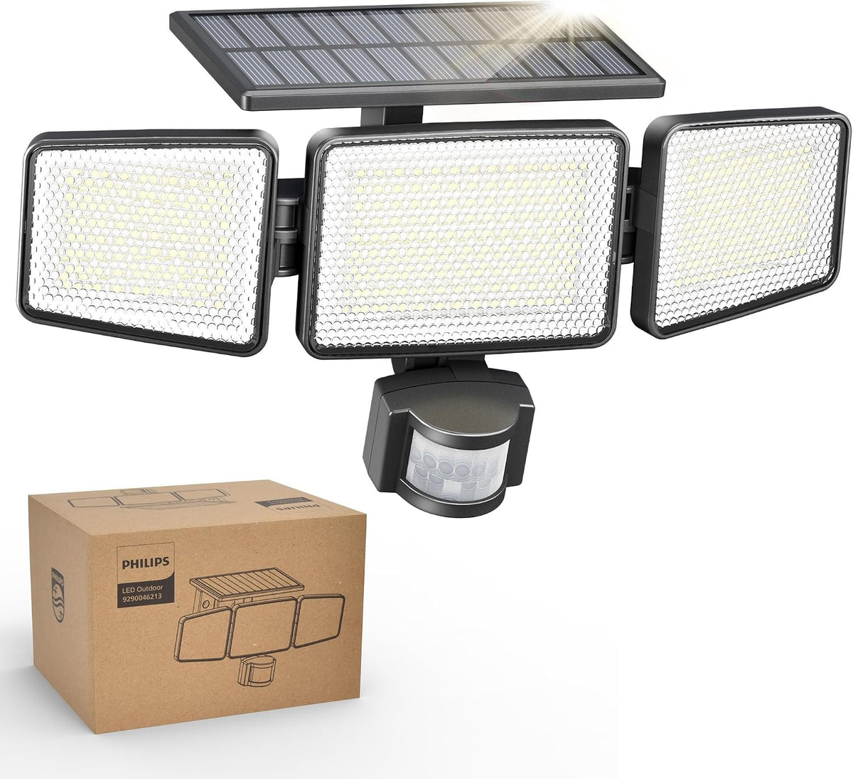 Packaging box and pre-assembled components for the Philips solar security light outdoor unit.