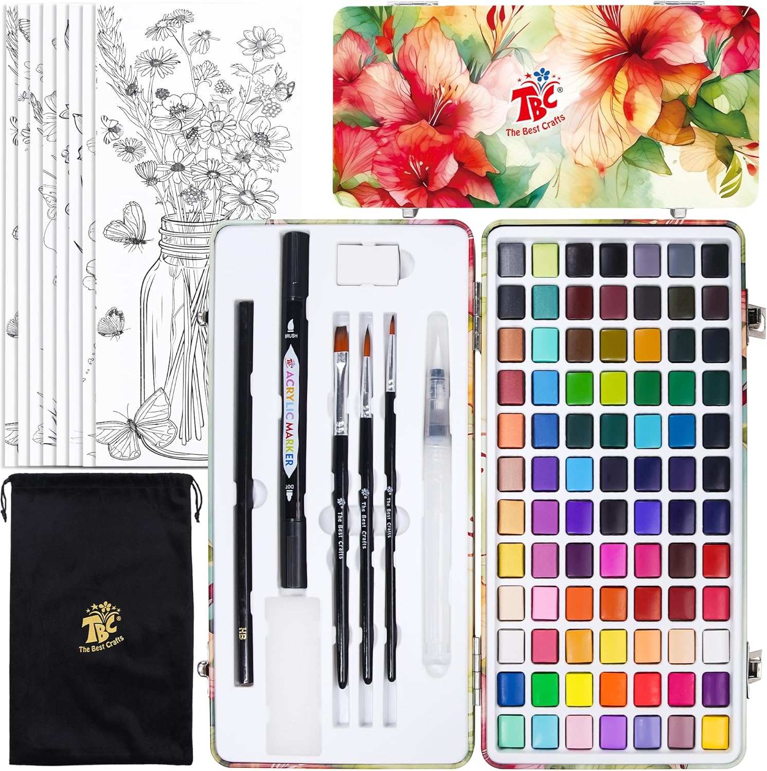 TBC The Best Crafts 84 Colors Watercolor Paint Set front view showing floral metal tin case