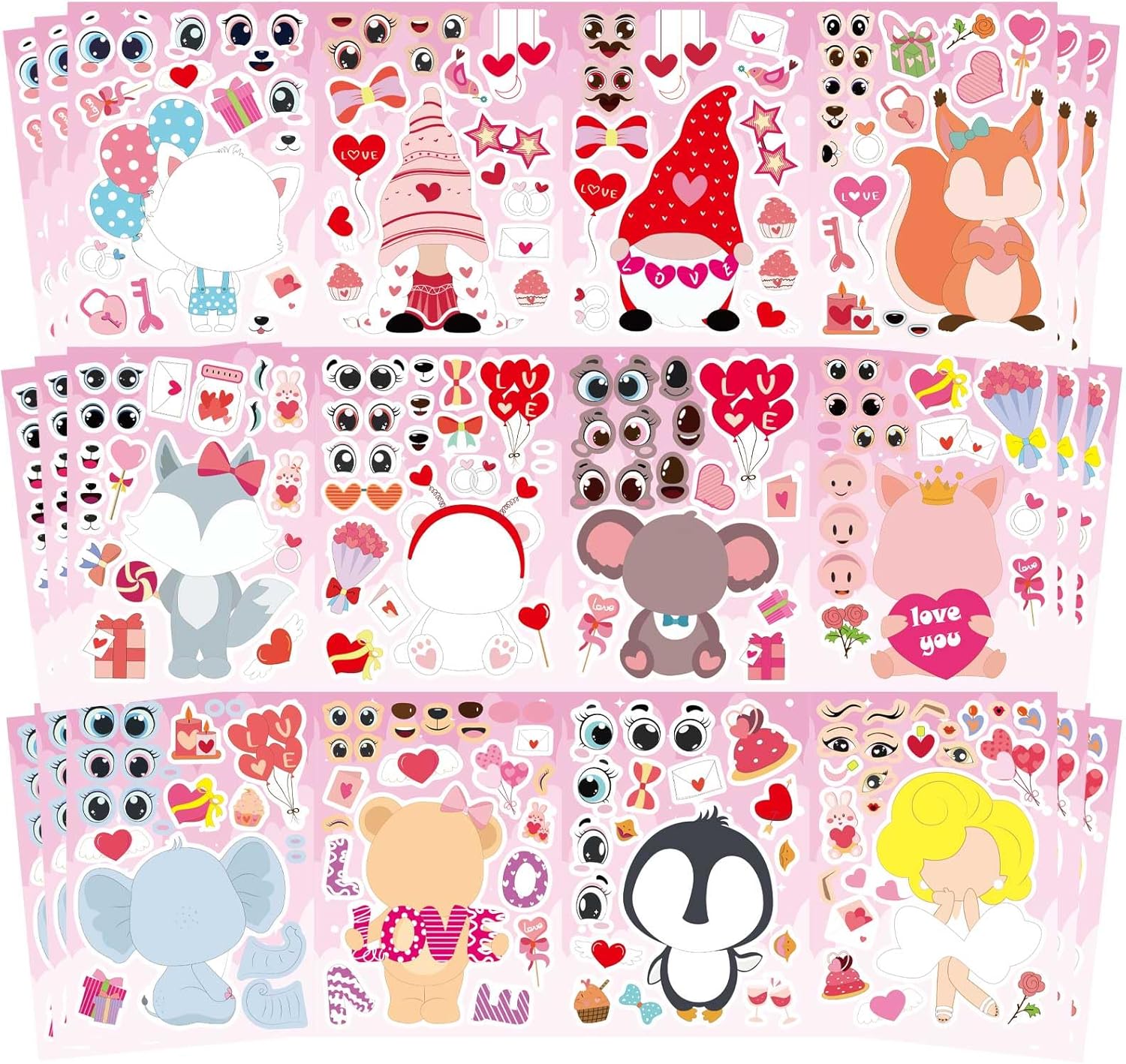 SAKAIPA Valentines Day Make a Face Stickers front view of complete thirty six sheets set for kid crafts