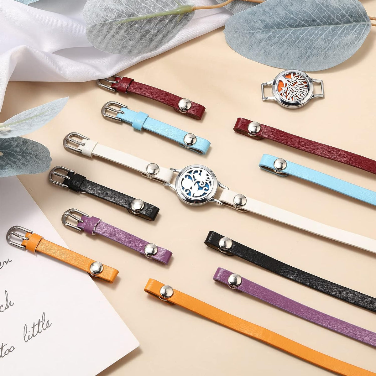 Bonuci aromatherapy bracelet set displayed with interchangeable leather bands
