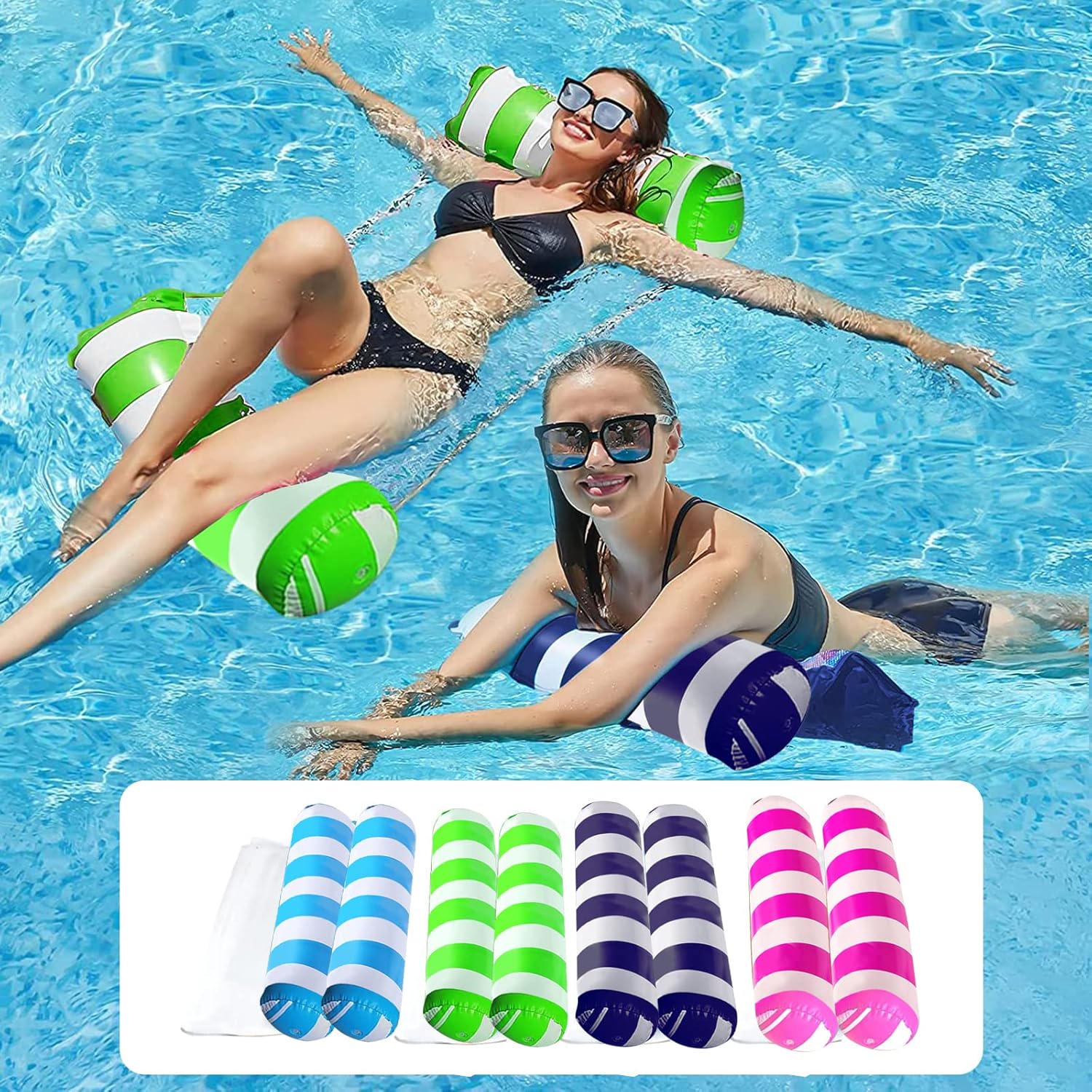Oneirion upgraded extra large water pool floats four pack front view showing colorful inflatable water hammocks