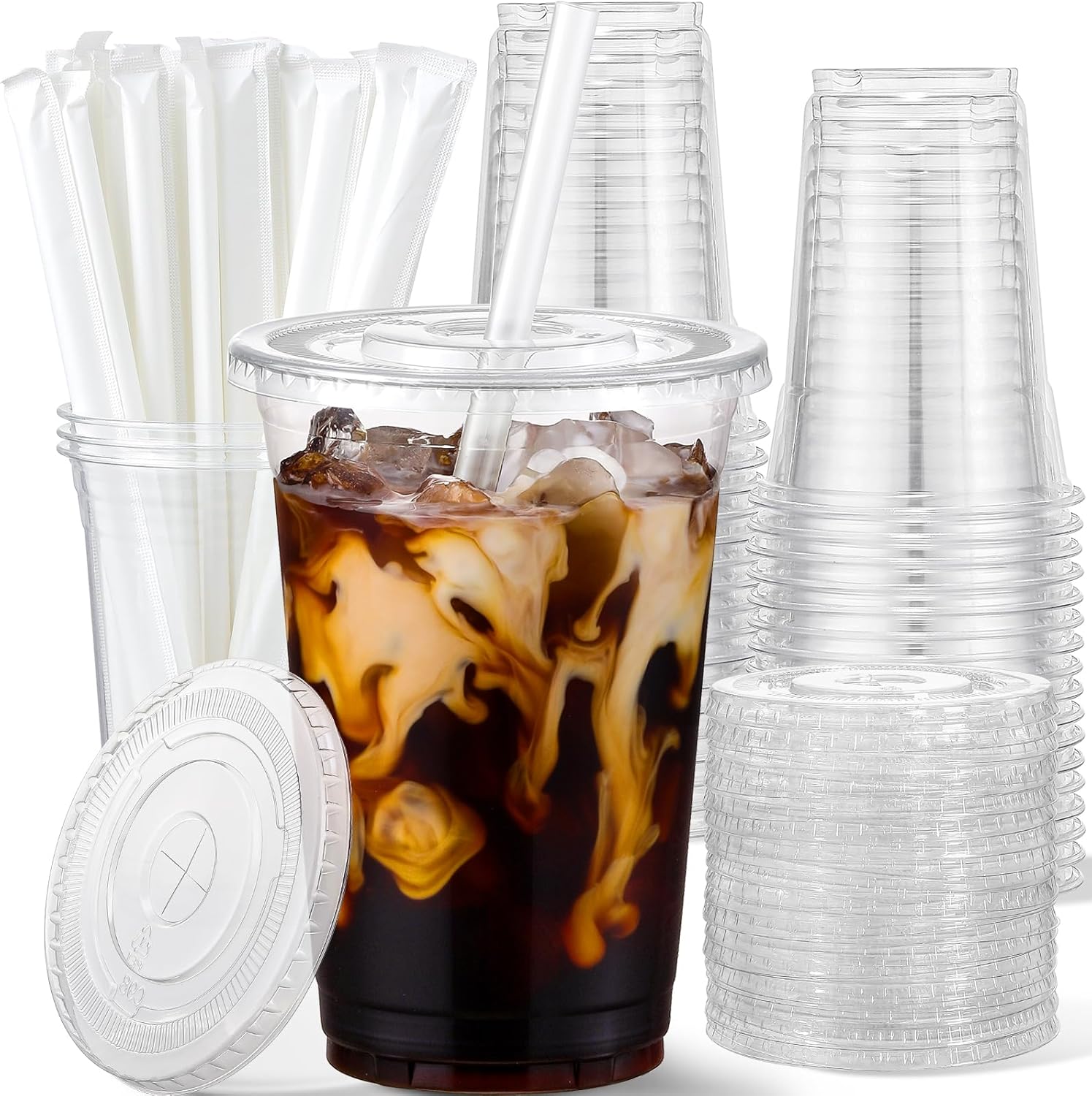 Aozita plastic cups with lids and straws front view