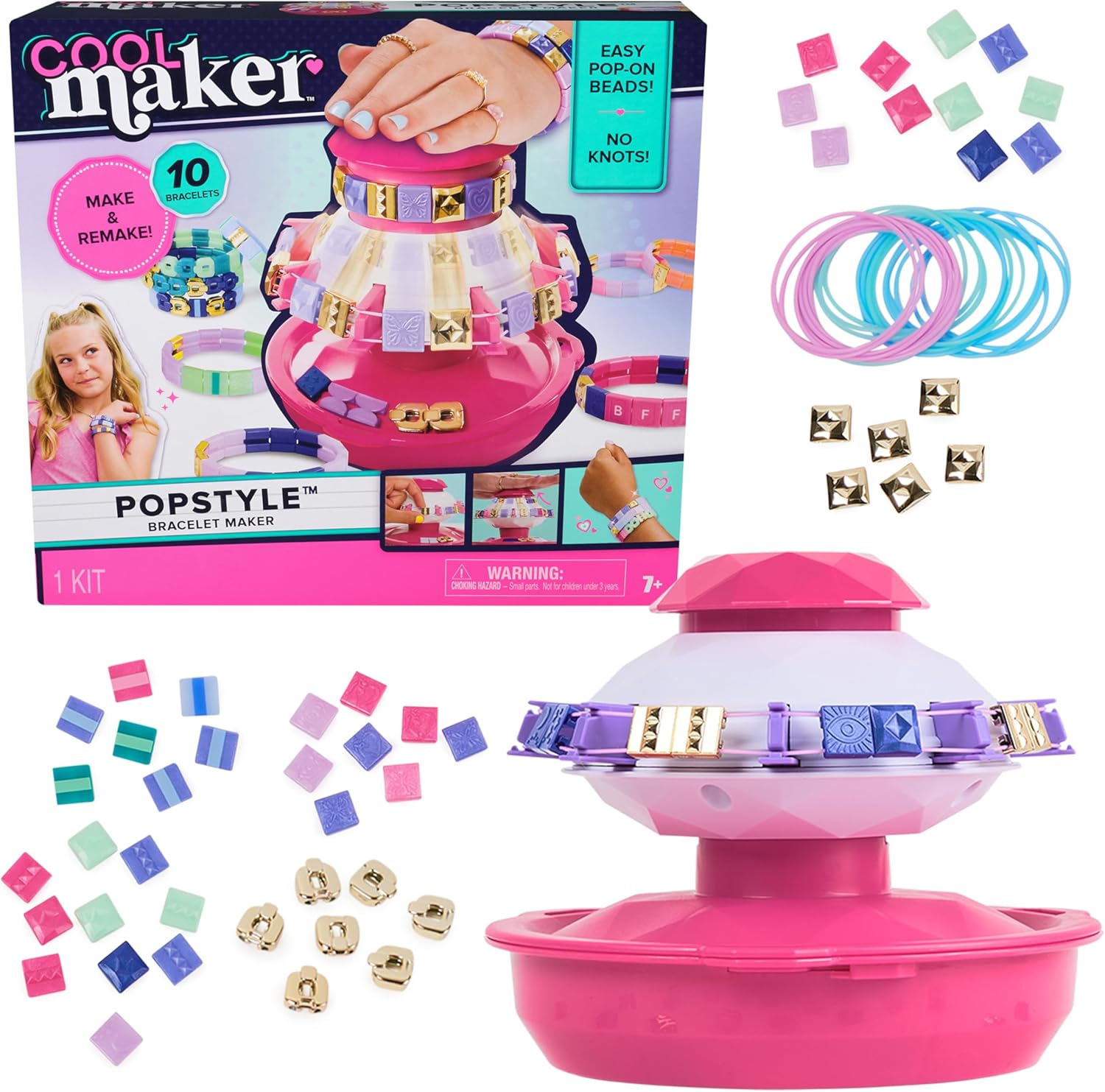 Cool Maker PopStyle Bracelet Making Kit front view showcasing the pink and white design machine and colorful packaging.