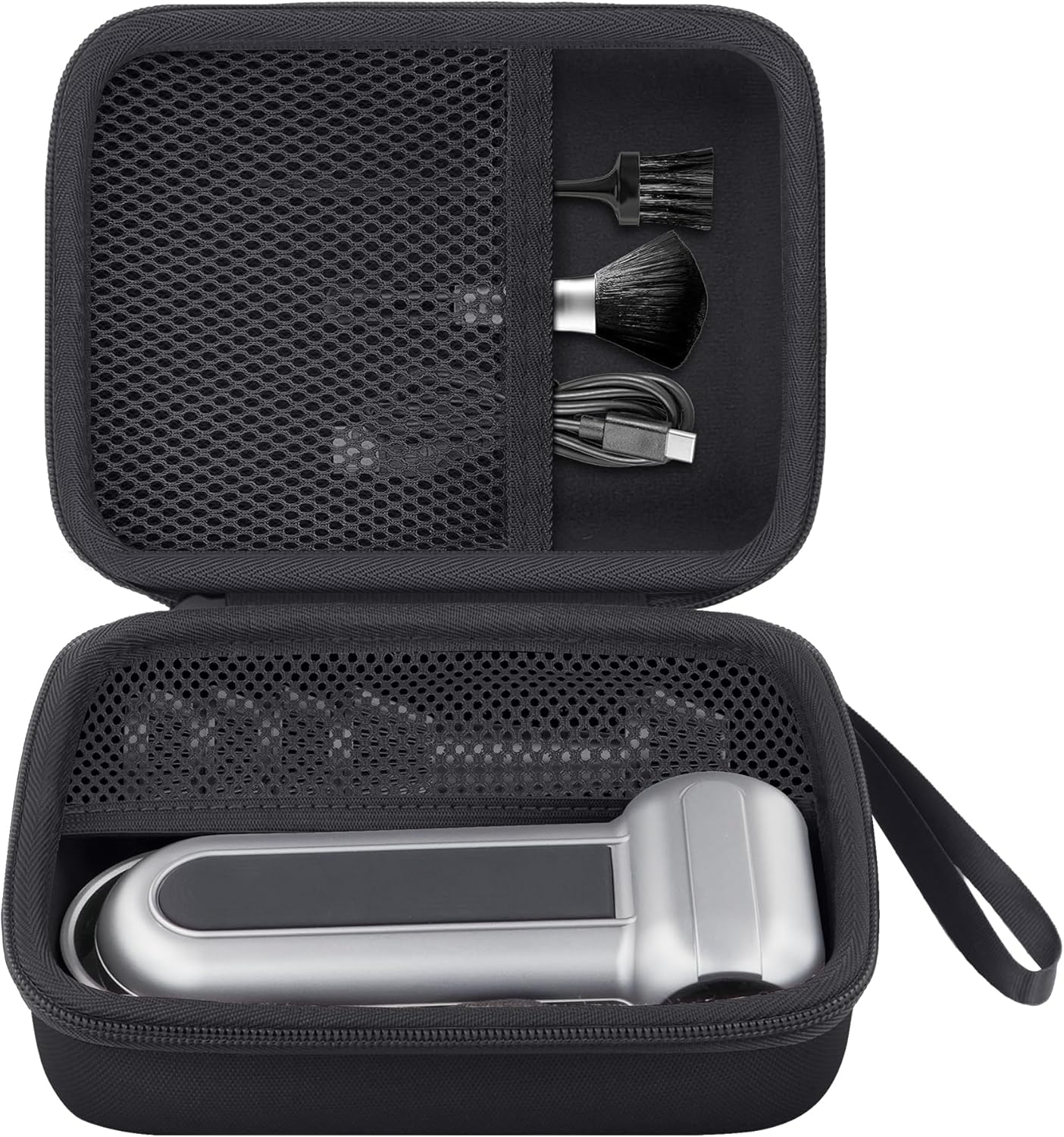 Baval hard storage case for WOLFBOX electric air duster front view showing premium black shockproof exterior fabric