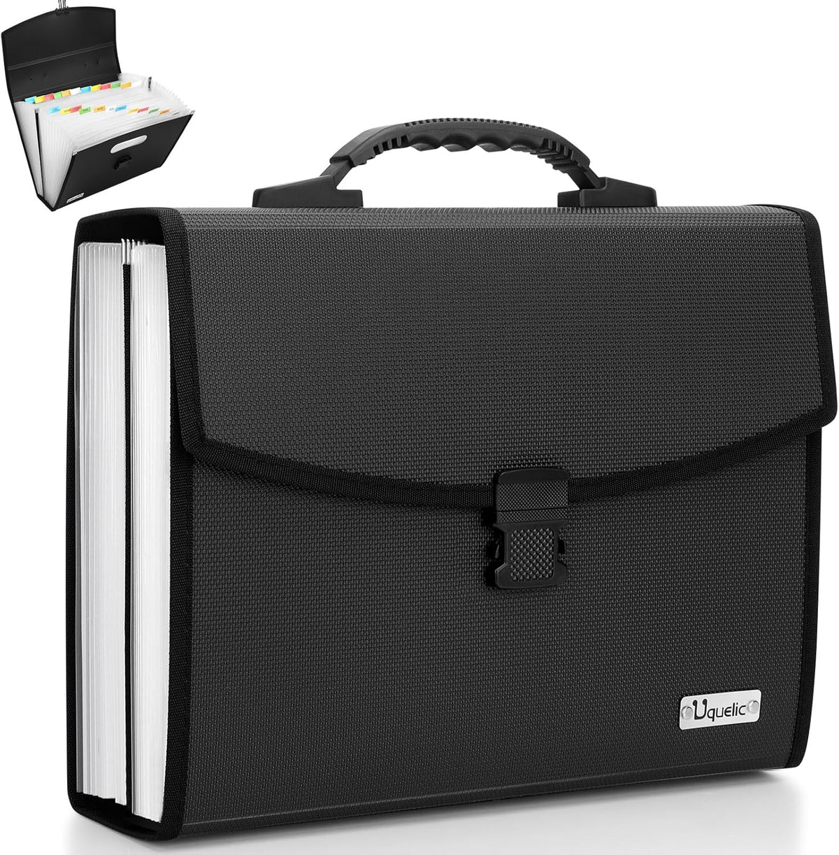 Uquelic expanding file folder organizer front view with handle
