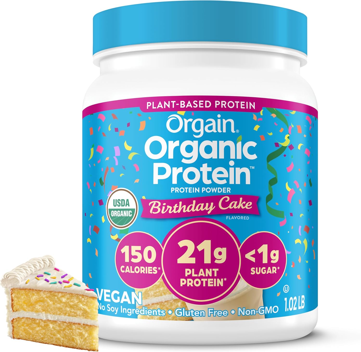 Orgain Organic Vegan Protein Powder Birthday Cake front view container