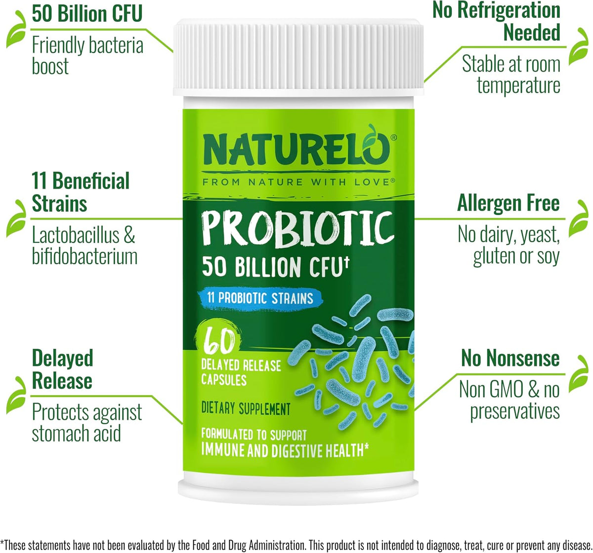 Naturelo probiotic capsules bottle nutritional panel