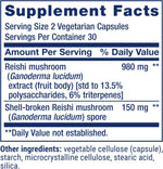 Life Extension Reishi supplement bottle side view showing ingredients