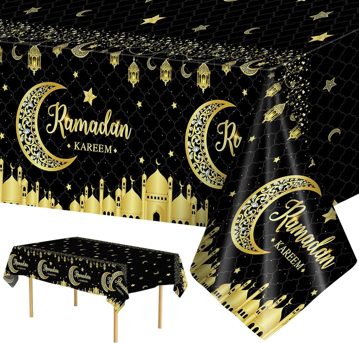 Litmitfu Ramadan Kareem tablecloth front view black and gold