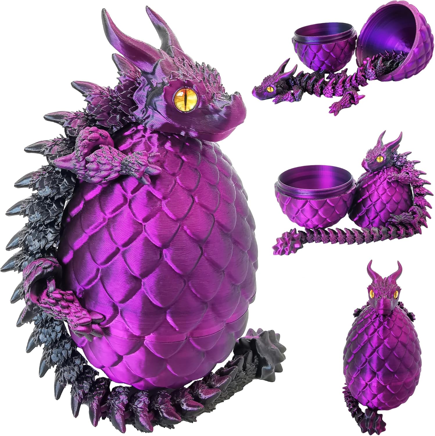 Afudo 3D printed purple and black dragon inside egg front view