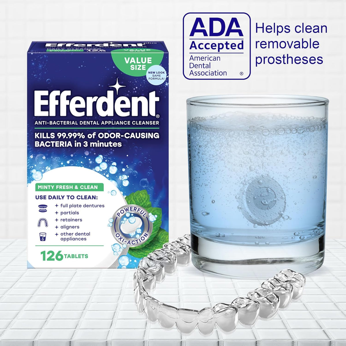 Efferdent anti-bacterial cleaning tablets individual foil packaging