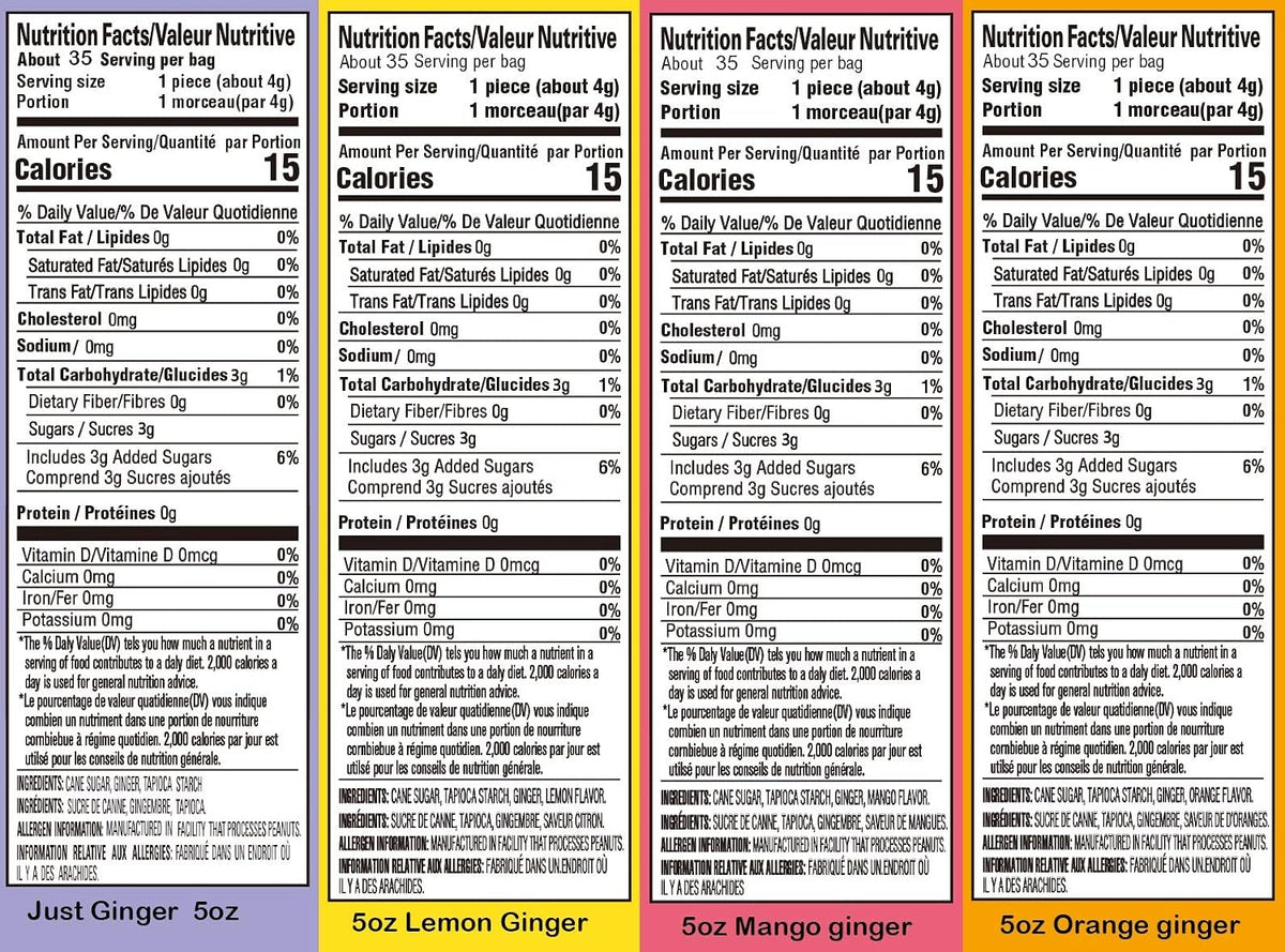 Assorted flavors of Gem Gem chewy ginger candy bags displaying Original, Mango, Orange, and Lemon selections.