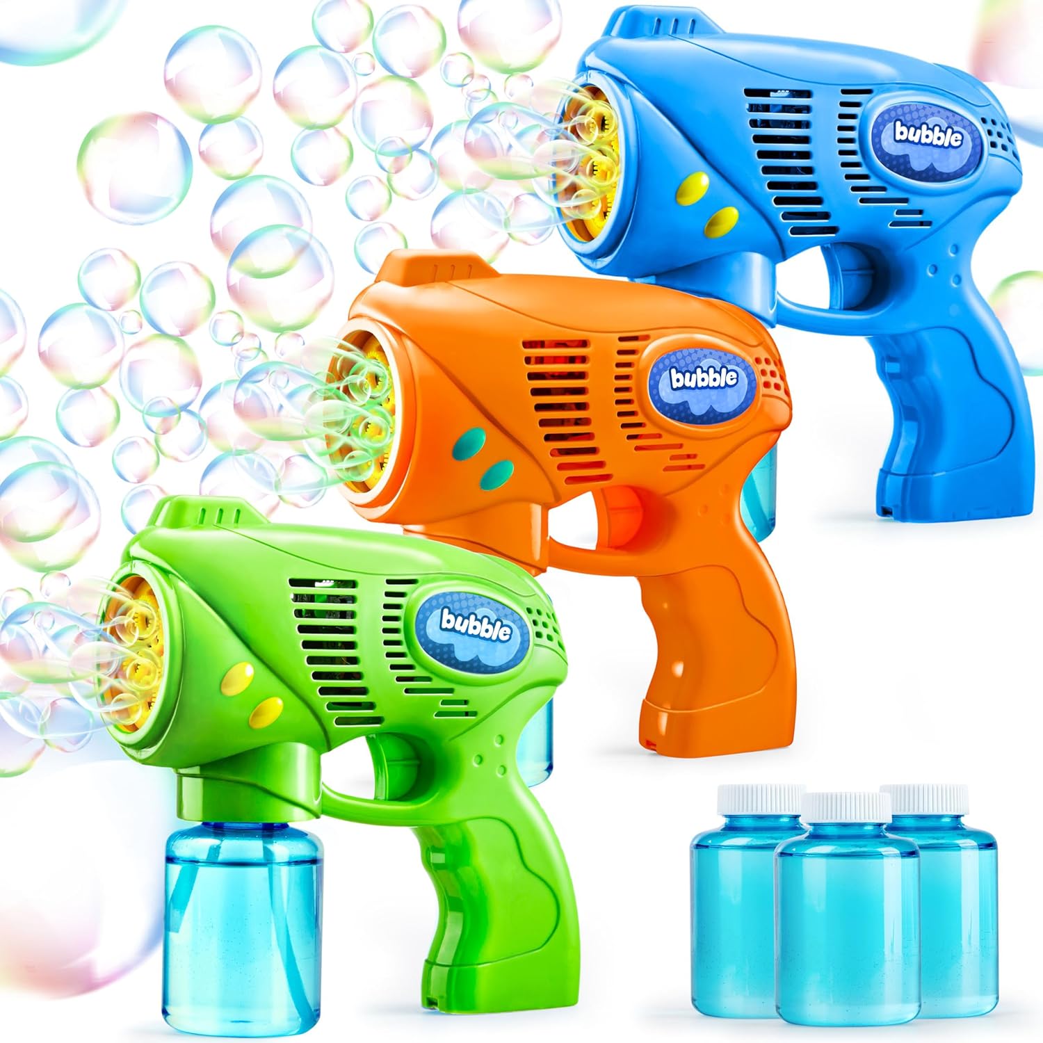 Joyin 3 bubble guns kit front view showing colorful blasters