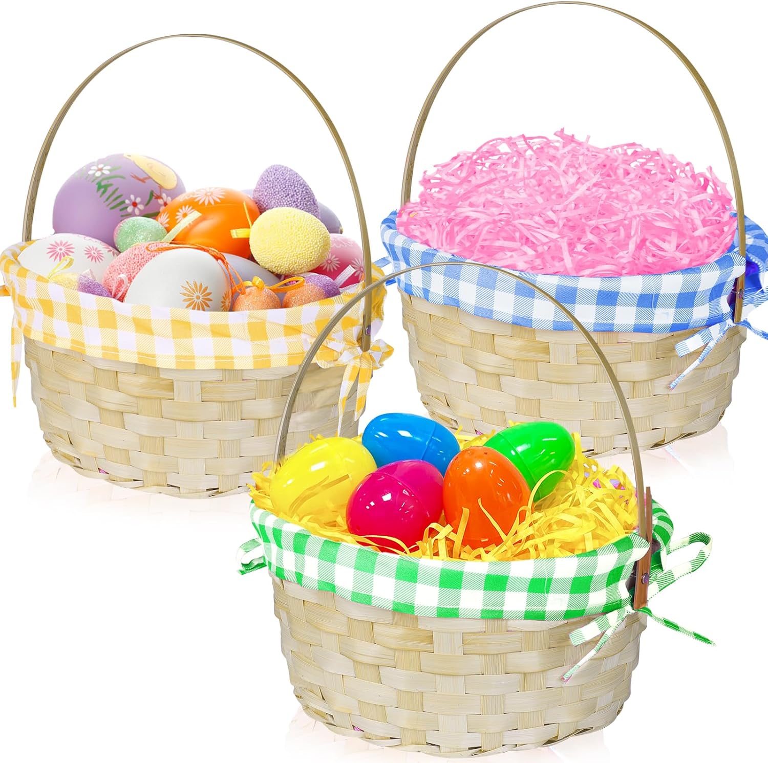 TOPLEE bamboo Easter egg hunt baskets 3 pack front view showing blue green and yellow plaid liners