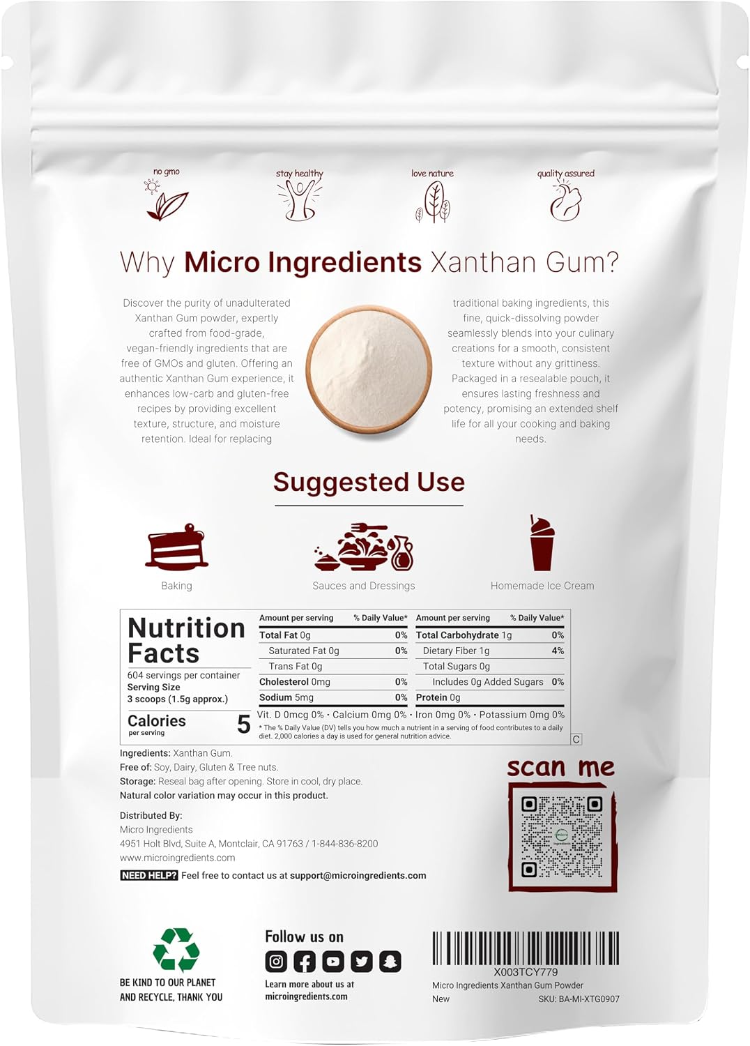 Micro Ingredients xanthan gum powder back label with nutritional and usage details