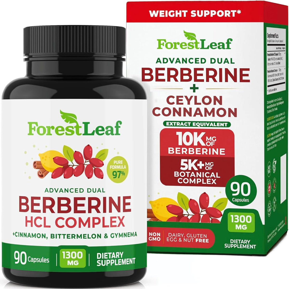 ForestLeaf Berberine Supplement - 1300mg per Serving - Ultra High Potency Berberine HCl with Ceylon Cinnamon, Bitter Melon & Gymnema - GLP-1 Weight Management Support - 90 Caps - Image 1