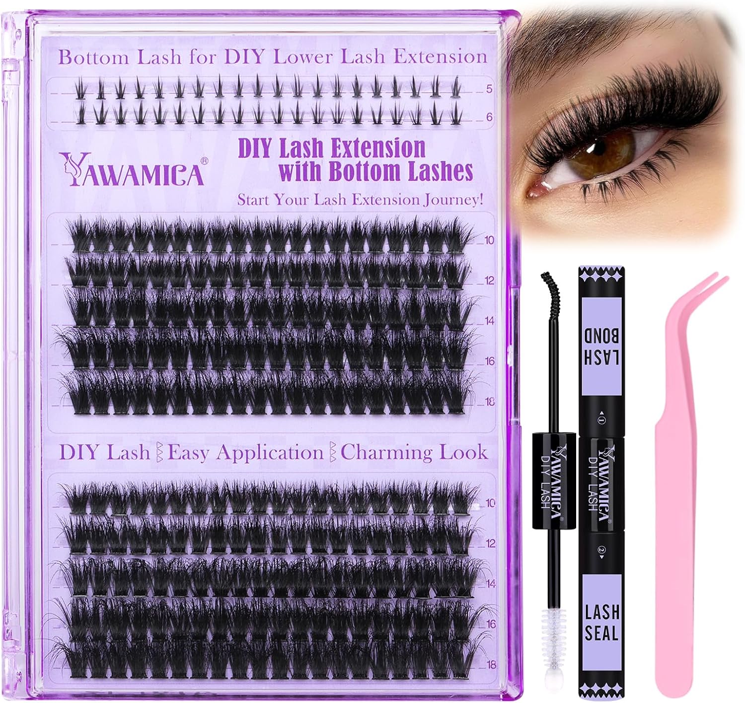 Yawamica Lash Clusters Kit DIY Lash Extension Kit with Bottom Lashes Fluffier Wispy Cluster Eyelash Extension 10-18MM 60D+80D Individual Lashes Kit with Lash Bond and Seal and Applicator for Beginners - Image 1
