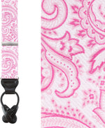 Close up of pink paisley silk pattern on Trafalgar suspenders